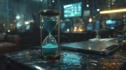 Hourglass with glowing blue sand beside a wet laptop in a dark cyberpunk workspace.