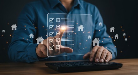 Person checking off tasks on a holographic real estate checklist with multiple house icons