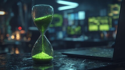 Glowing green hourglass on dark marble desk in futuristic tech office interior.