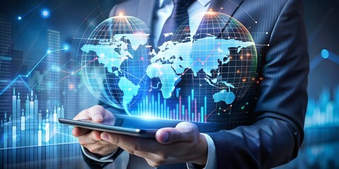 "Futuristic technology concept showing holographic interface with global financial data visualization, digital stock market charts over a glowing world map, digital currencies, hands interacting with 