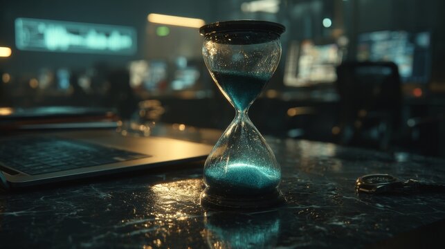 Hourglass with glowing blue sand beside a wet laptop in a dark cyberpunk workspace.