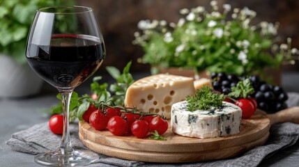 Elegant red wine glasses set against a rustic backdrop with cheese, fruits, and bread, perfect for an autumn gathering or product presentation