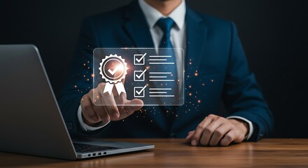 Businessman touching digital checklist and award ribbon symbolizing quality assurance and task management
