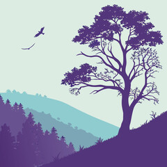 Vector landscape illustration with a tree in the foreground