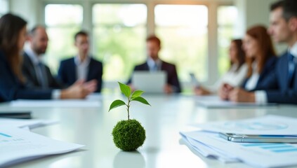 Businesspeople work collaboratively in a modern office, Business team reviews eco-friendly investment reports in meeting room