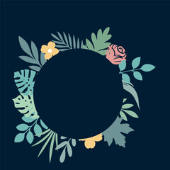 Round floral frame with bright flowers monstera and palm leaves on dark blue