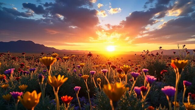 Vibrant sunset over blooming wildflowers in a field