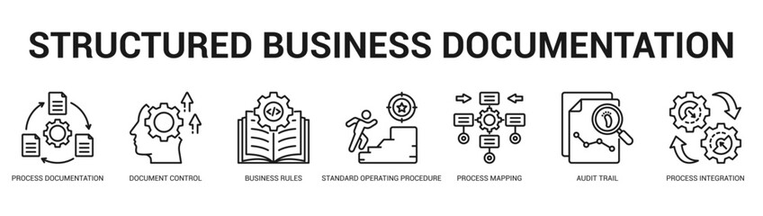 Structured Business Documentation Modern and clean web banner illustration featuring thematic icons for visual communication