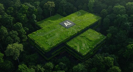 Fototapeta premium Green Modern Building with Chip Design Surrounded by Lush Trees