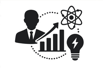 Business growth and innovation icon set. Science, research, and energy solutions concept. Data analysis, strategy, and idea generation vector illustration. Professional manager.