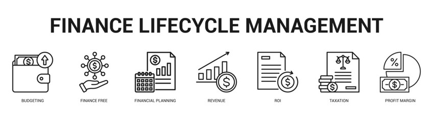 Finance Lifecycle Management Modern and clean web banner illustration featuring thematic icons for visual communication