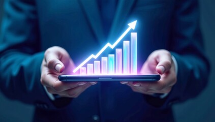 Businessman presenting financial growth chart on tablet screen