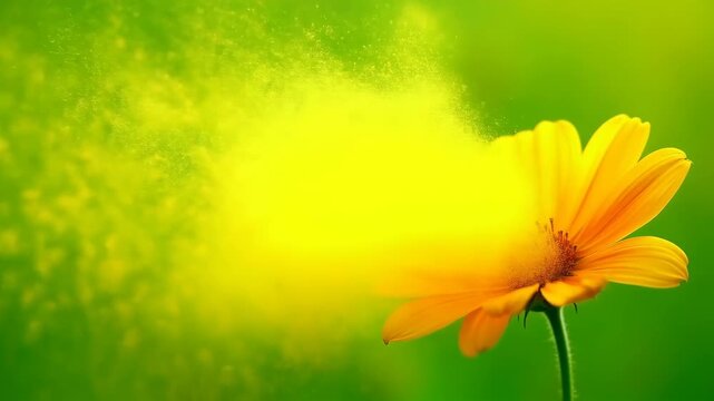 A detailed close-up of a flower releasing a cloud of pollen, carried by the wind, symbolizing spring, allergies, and nature's cycle.

