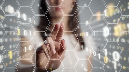Woman Touches Futuristic Interface with Hexagonal Pattern and Binary Code Overlaying Transparent Screen in White Background - Powered by Adobe