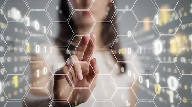 Woman Touches Futuristic Interface with Hexagonal Pattern and Binary Code Overlaying Transparent Screen in White Background