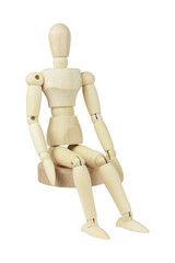 wooden man, wooden mannequin sitting isolated on background