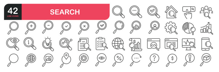 Set of line icons related to search, magnifying glass, research, zoom. Outline icons collection. Editable stroke. Vector illustration
