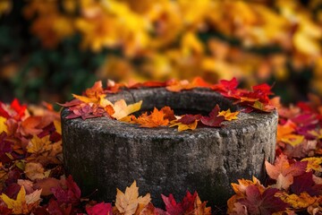 Autumn leaves rest on a stone basin, surrounded by a carpet of fallen foliage.