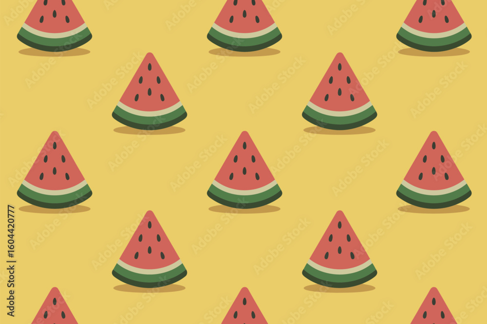 Poster repeating pattern of watermelon slices on a yellow background creating a summery and refreshing desi