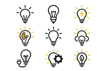 Light bulb icon set. Vector line symbols for creative idea, innovation, inspiration, and solution. Brainstorming, power, energy, and technology concepts illustration.