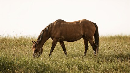 Chestnut equine feeding on lush grass in a sunny field, scenic outdoors, natural environment, vibrant greenery, animal elegance