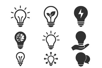 Light bulb icon set. Creative idea, innovation, inspiration. Brainstorming, thinking process. Electricity, power, green energy. Solution, strategy, knowledge. Vector glyph.