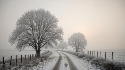 Frosty morning in a rural area featuring snow-covered trees and a winding road in grayscale
