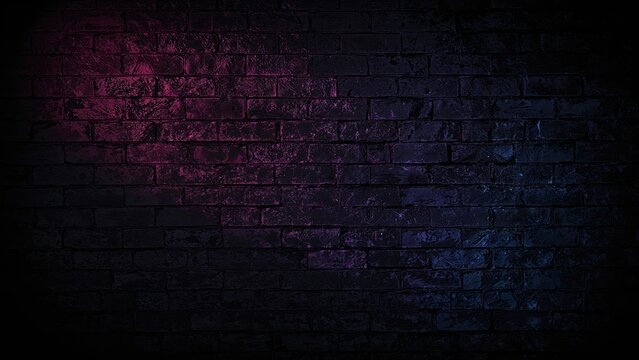 Empty brick wall with vibrant neon hues in shades of pink, purple, and blue. - Powered by Adobe