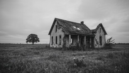 Obraz premium Black and white shot of a forsaken, collapsing house in a countryside setting
