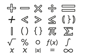 Fototapeta premium Mathematical symbols icon set. Vector line art collection of math operations and functions for educational design. Algebra, calculus, and arithmetic concept illustration.