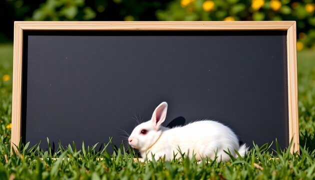 in the center of the image, a fluffy white rabbit is captured in a moment of tranquility, comfortably nestled within the confines of a wooden sign, which serves as an impromptu bed in a grassy field