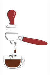 Stylized illustration of a coffee portafilter pouring into a cup with "coffee" text, perfect for cafe and beverage branding.