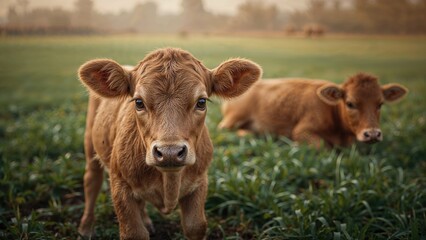 Young bovine stares at the camera as an adult cow reclines in the distance