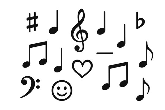 Hand-drawn musical notes and symbols icon set. Vector illustration of doodle music elements including treble clef, heart, and smiley face. Isolated sound and melody icons.