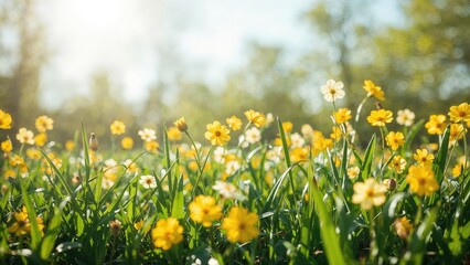 Fototapeta premium Soft focus yellow flower field backdrop, abstract, floral, warm season, outdoors, springtime, greenery, foliage, sunlight