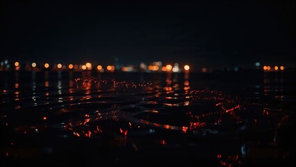 Fototapeta premium Blurred crimson and golden reflections on water at night