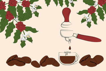 Stylized illustration of a coffee brewing process with a portafilter, coffee beans, and red coffee cherries on branches, ideal for cafe and beverage designs.