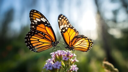 Fototapeta premium Two monarch butterflies resting on a purple flower in soft sunlight