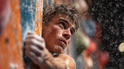 Indoor rock climbing athlete pushing limits with intense focus in competition