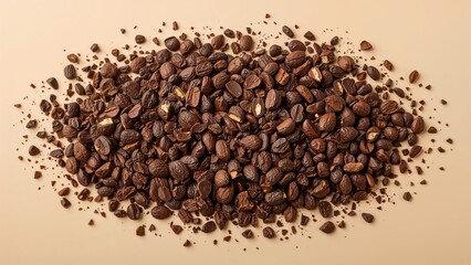 Naklejka premium Broken cocoa bean fragments isolated, top perspective