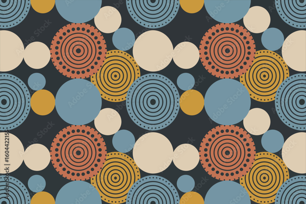 Poster a seamless pattern featuring circles in various sizes colors and designs on a dark background surfac