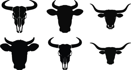 Bull and cow head silhouette vector set with skull and horn illustration collection isolated on white background for design and decoration.