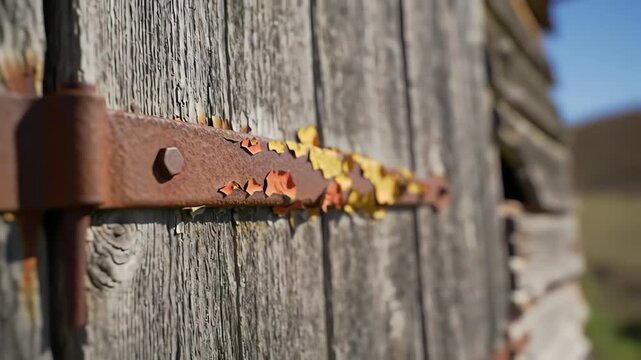Close-up of a weathered wooden surface with a rusty metal hinge showing peeling  paint