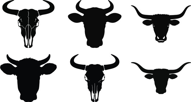 Bull and cow head silhouette vector set with skull and horn illustration collection isolated on white background for design and decoration. - Powered by Adobe