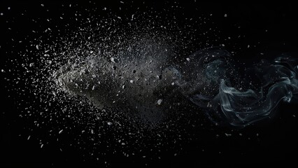 Obraz premium Debris and small stones swirling with dust and smoke against a dark backdrop.