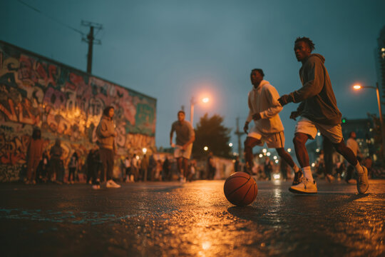Street basketball game unfolds at dusk among young adults in vibrant cityscape
