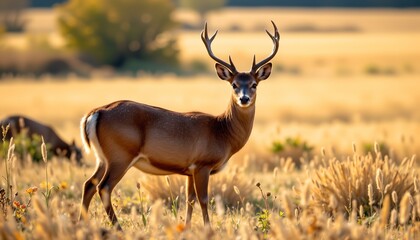 Naklejka premium an antelope stands in an open field of tall grasses under a clear sky during what appears to be sunrise or sunset