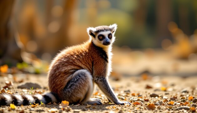 a ring tailed lemur, also known as a brown lemur or colugo, sitting in the middle of an open field with dry grass