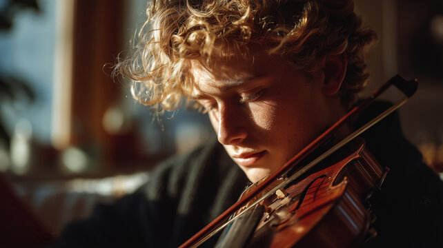 Teenager immersed in music while practicing violin at home during golden hour