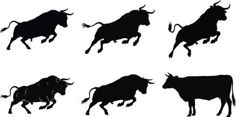 Bull and cow silhouette vector set with running bull and standing cow illustration collection isolated on white background for design and decoration.